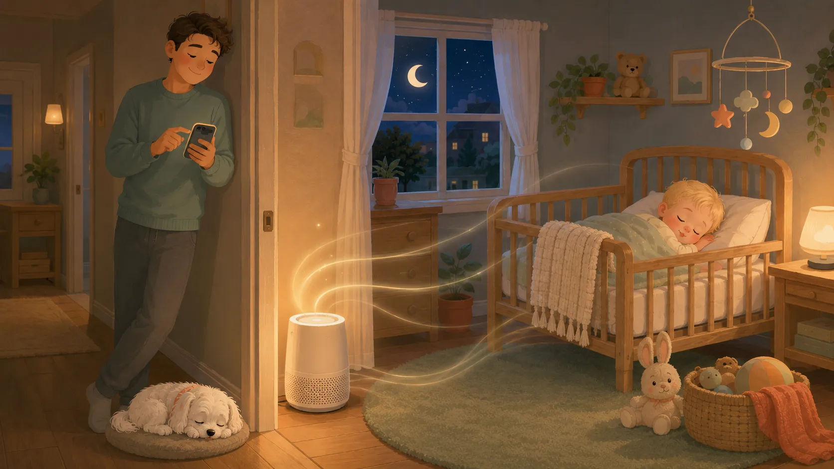 Illustration: the nursery purifier hums by the door while a parent adjusts it from the hallway by phone