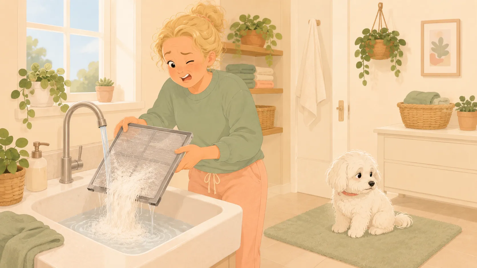 Illustration: rinsing the washable pre-filter as a felt-like mat of fur slides off, while the dog pretends not to be involved