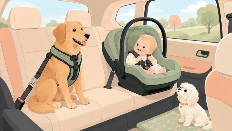 Illustration of a larger dog buckled into a crash-tested car harness in the back seat beside a rear-facing infant car seat, with a small white Maltese watching, in a warm flat vector style