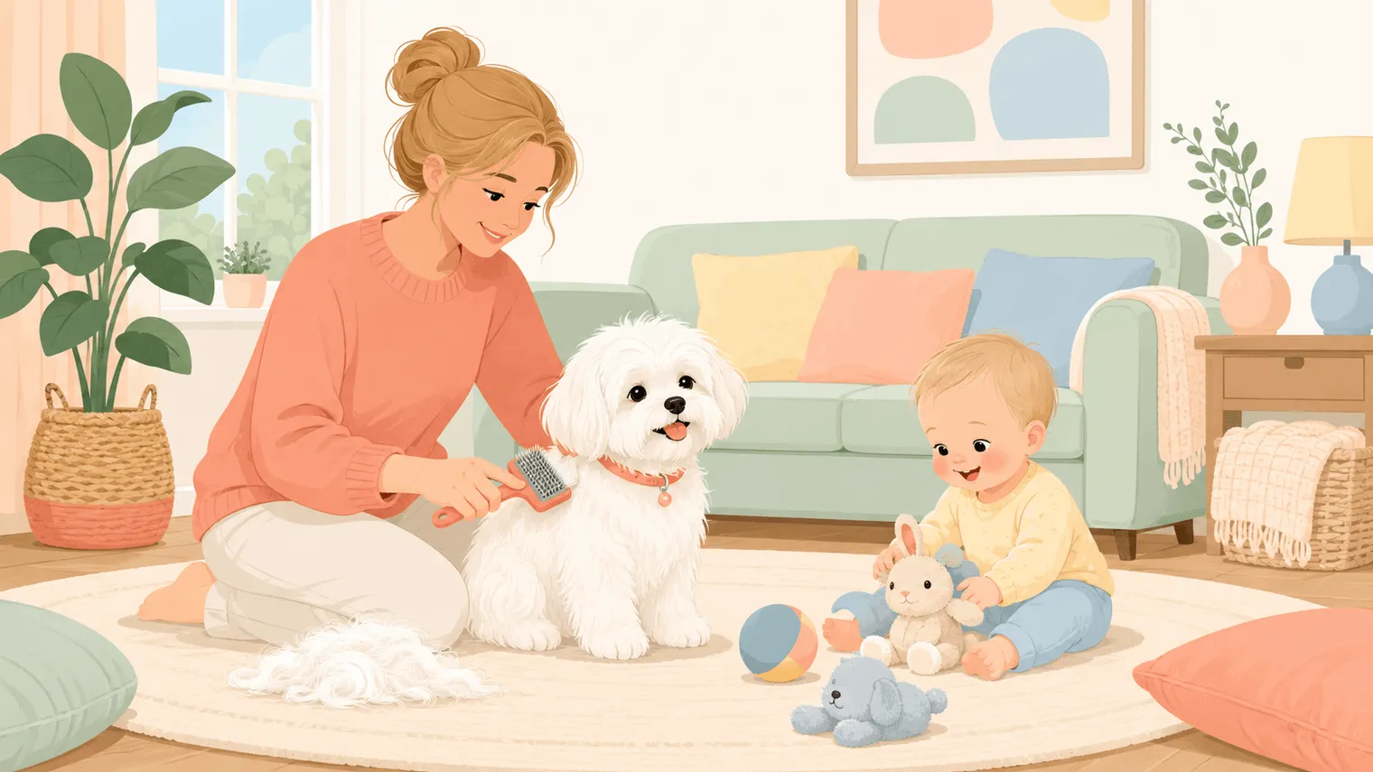 Editorial illustration of a parent brushing a white Maltese with a deshedding tool while a baby plays nearby