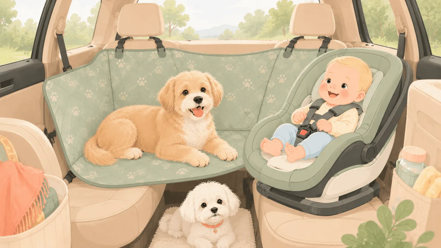 Illustration: a family road trip with a dog on a back-seat hammock cover beside a baby in a car seat