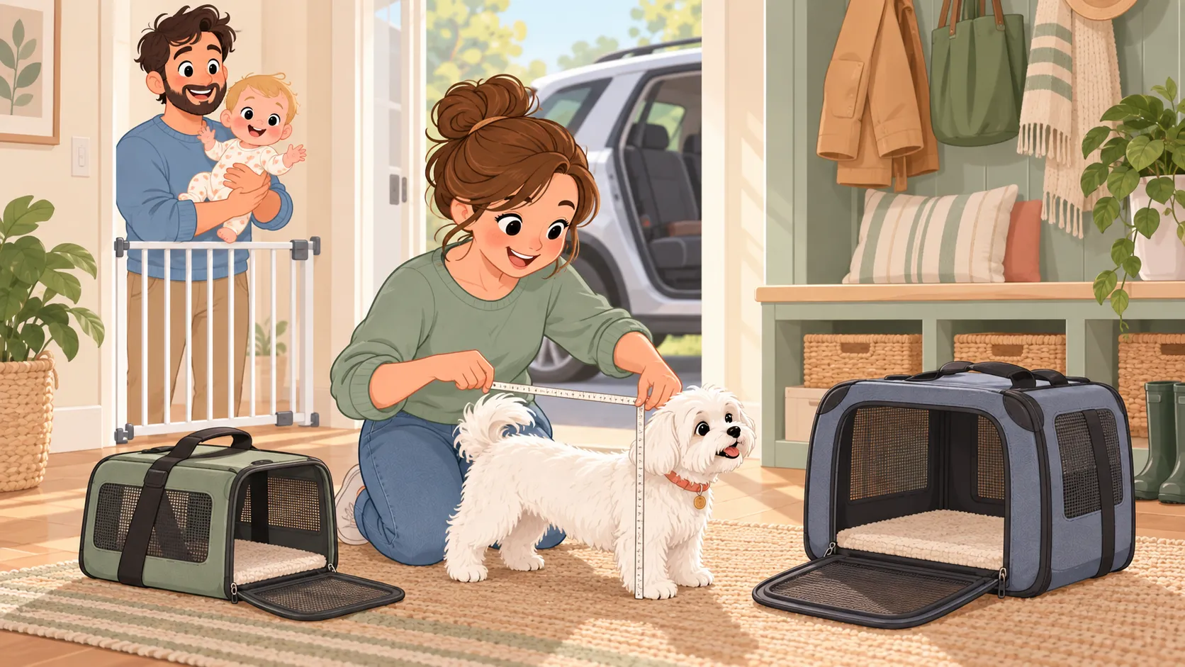 A parent measures the Maltese beside two empty carrier shapes while the baby remains behind a gate