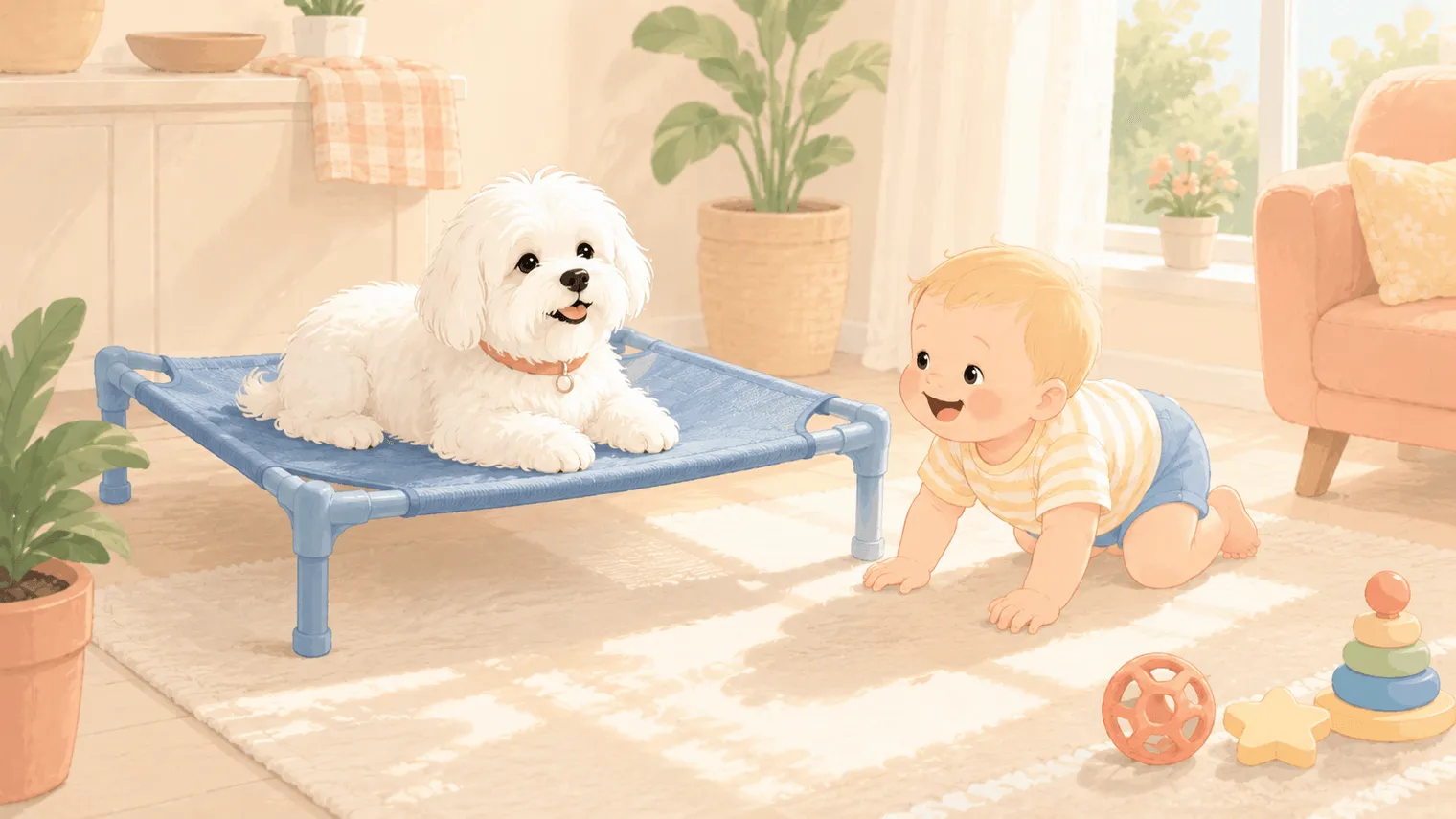 Illustration: the white Maltese resting up on an elevated mesh cot looking calm and a little smug, while a baby crawls on the floor below, a sunbeam coming through the window