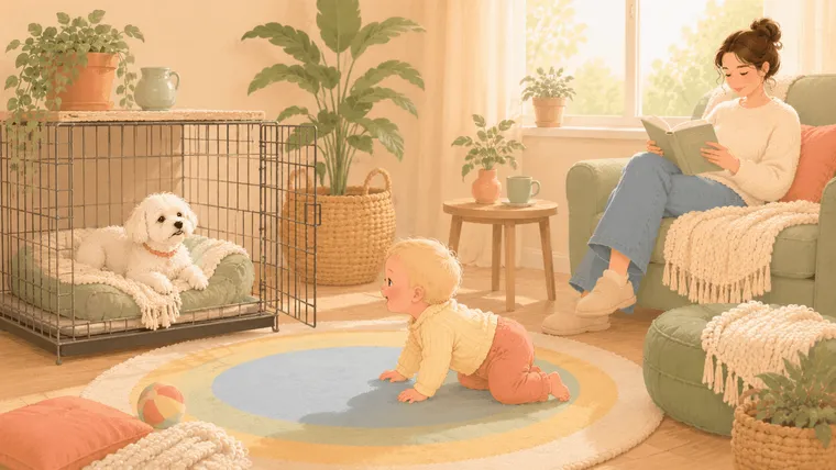 Illustration of a Maltese resting contentedly in an open wire crate while a baby crawls past at a safe distance