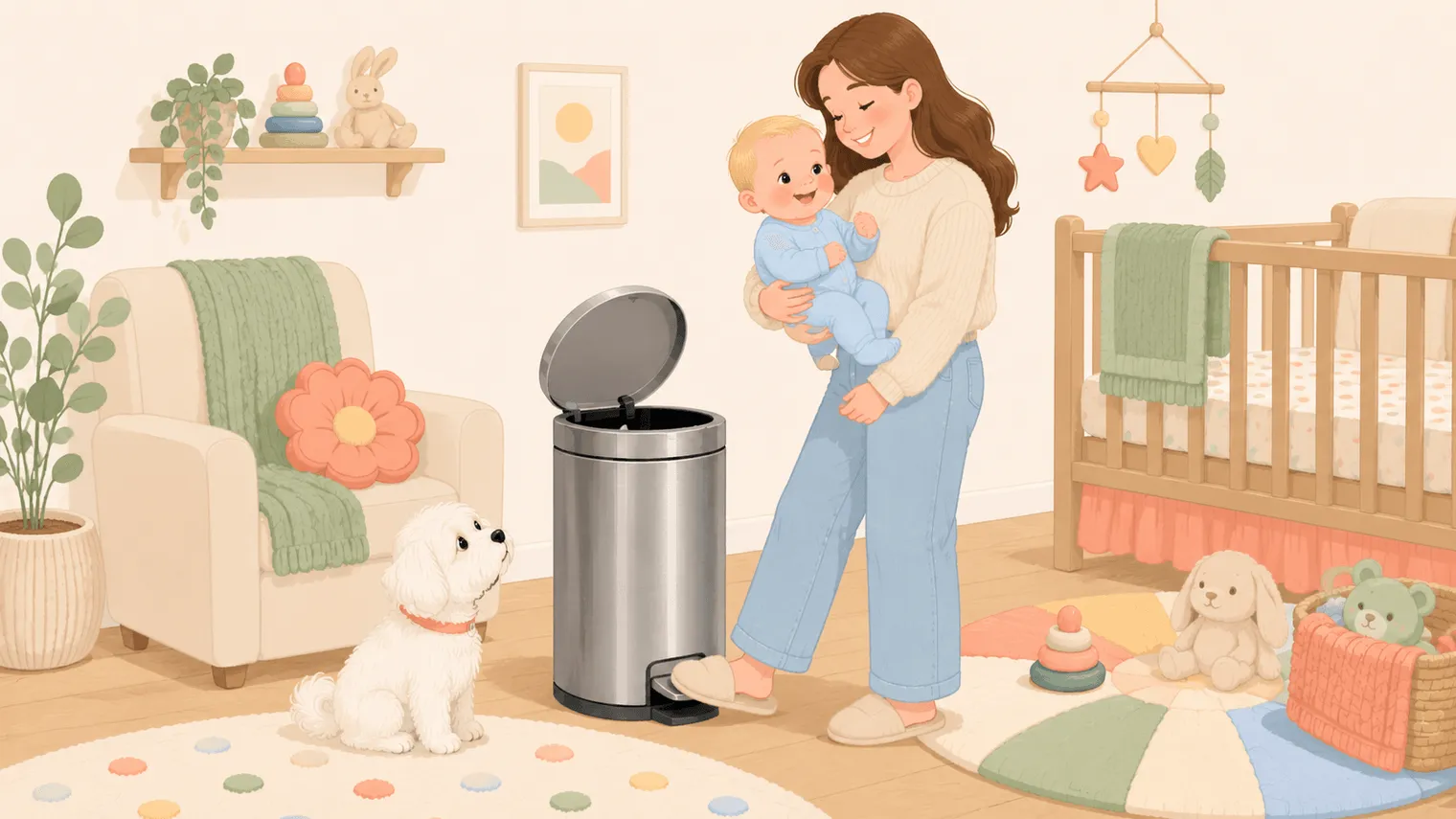 Illustration: a parent holding a baby steps on the foot pedal of a hands-free diaper pail while a white Maltese sits watching, the pail's trap door snapping shut