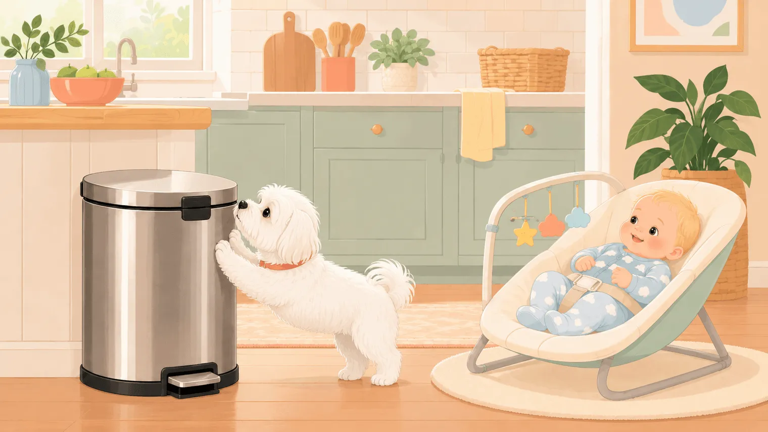 Illustration: the white Maltese nudging a closed locked step trash can lid while a baby watches from a bouncer