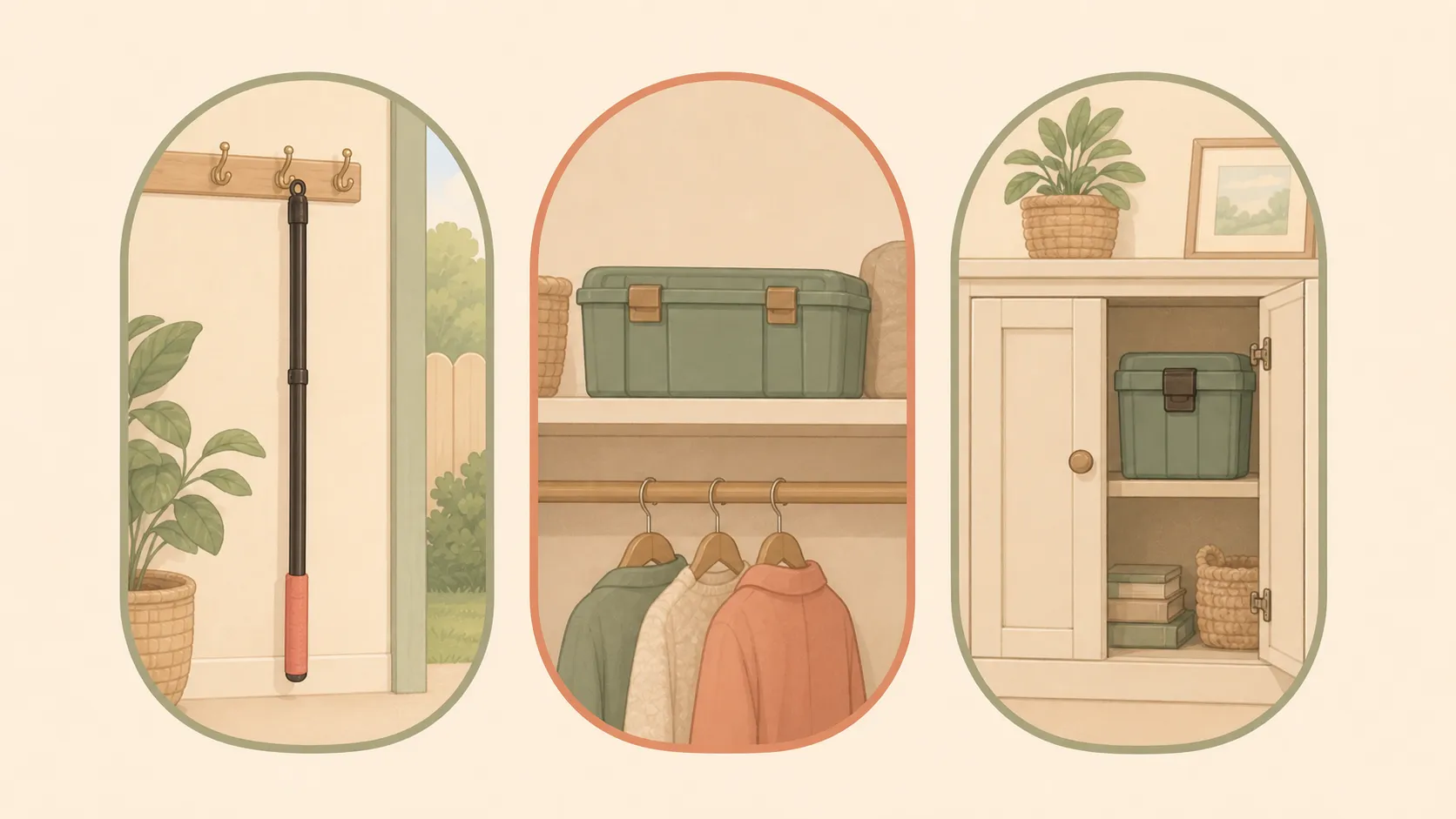 Illustration: child-inaccessible flirt-pole storage options, including a high wall hook and closed latched bins on high shelving and inside a cabinet, with no loose cords or lures exposed
