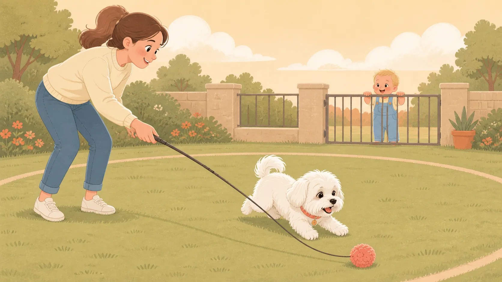 Illustration: adult guiding a flirt-pole lure low across grass in a broad smooth arc while the white Maltese follows, with the baby securely behind a gate far outside the chase circle