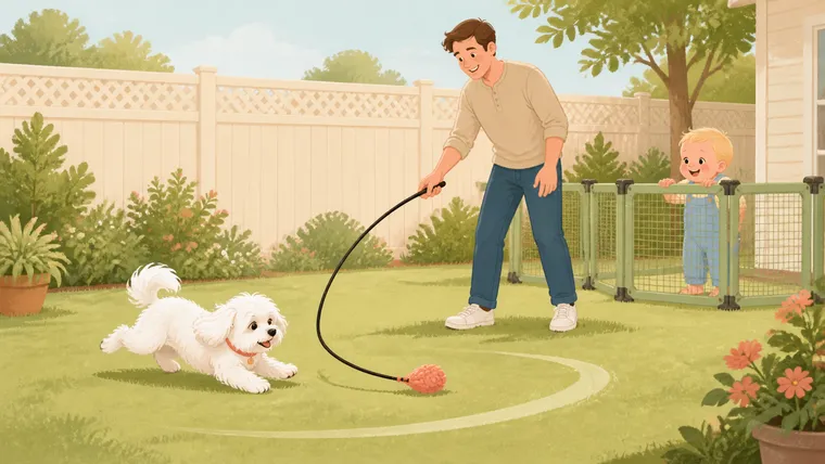 Editorial illustration of an adult white Maltese chasing a flirt-pole lure in a clear play zone while a baby watches safely from behind a gate