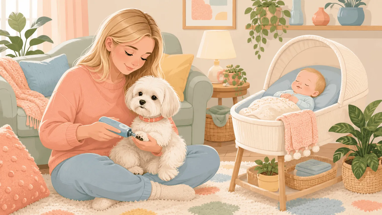 Editorial illustration of a parent grinding a calm white Maltese nails while a baby sleeps in a bassinet