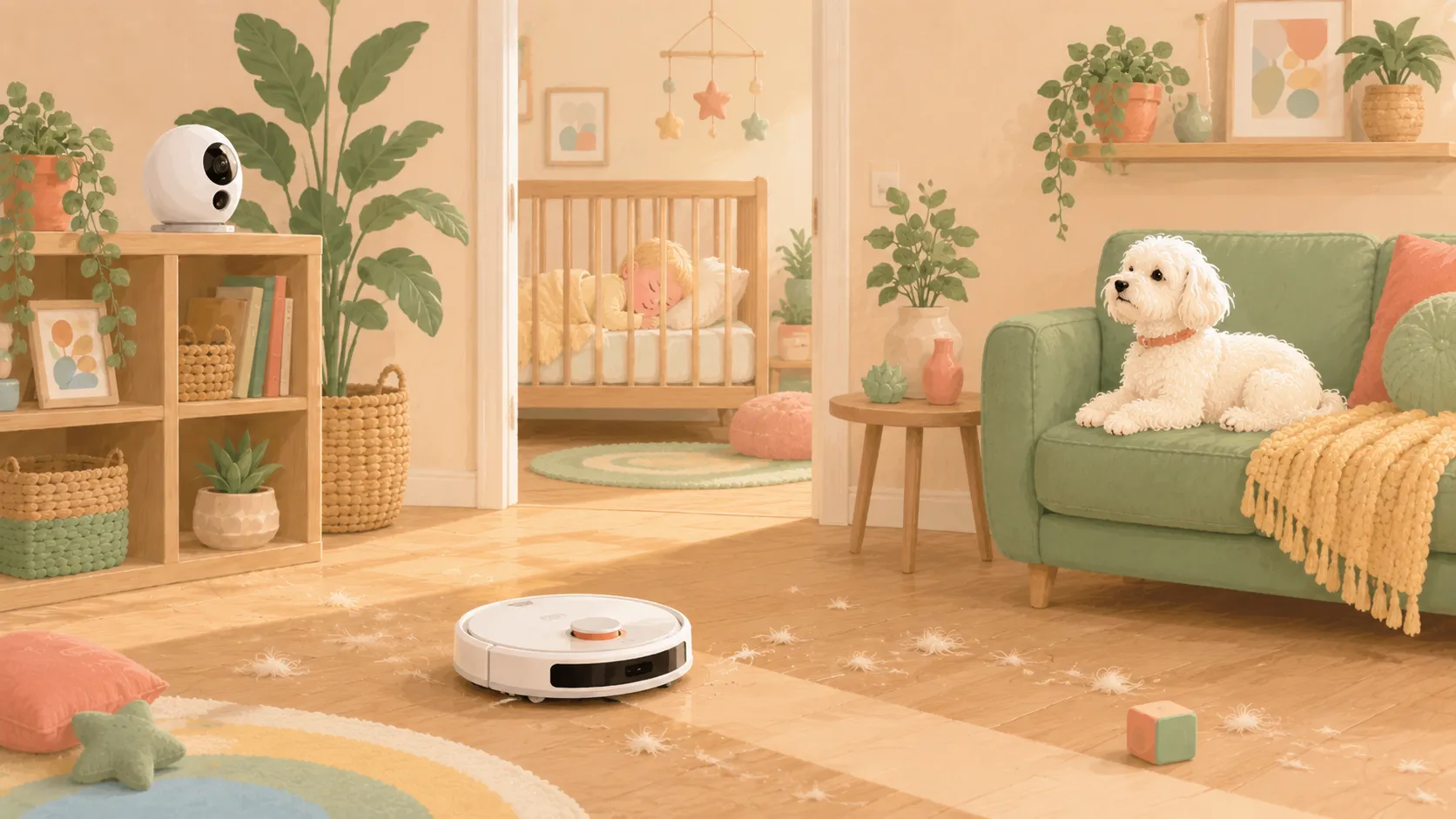 Illustration of a robot vacuum clearing a path through dog fur while steering around a baby toy, with a Maltese watching from the sofa and a baby asleep in the nursery beyond