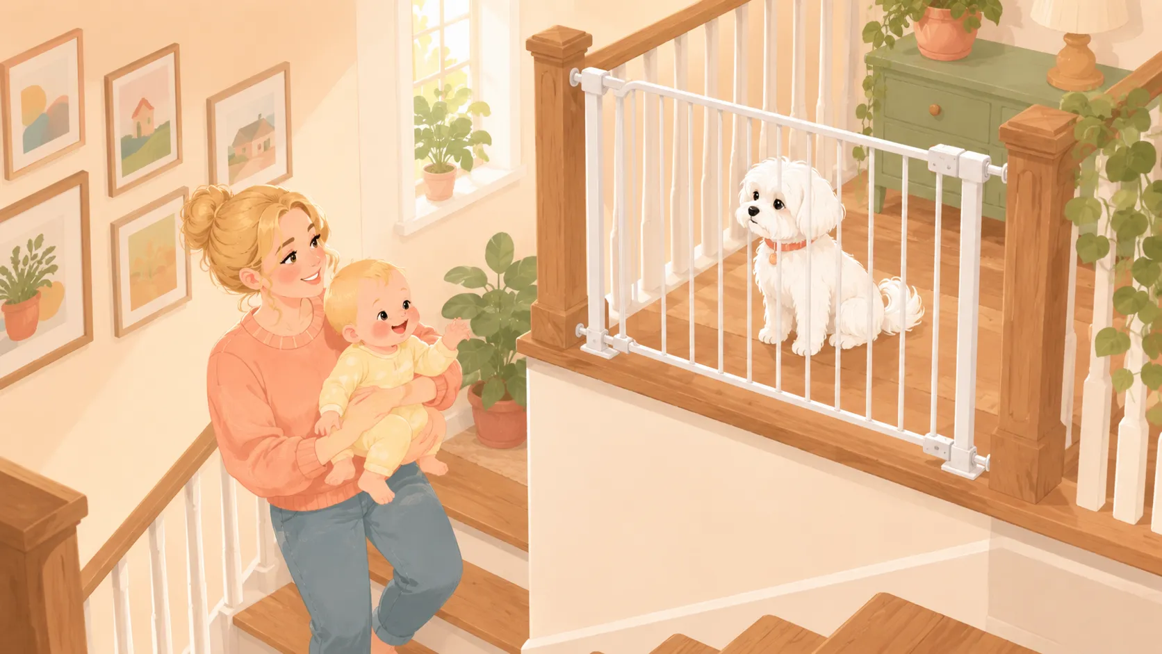 Illustration of a Maltese waiting behind a hardware-mounted gate at the top of the stairs while a parent carries the baby up