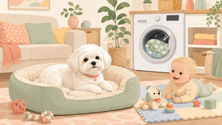 Editorial illustration of a white Maltese on a clean dog bed with a washing machine behind and a baby on a play mat