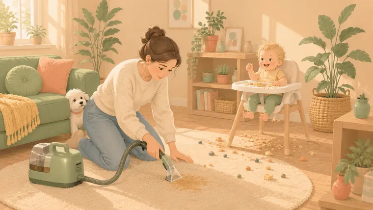 Illustration of a parent spot-cleaning a rug with a portable cleaner while a guilty Maltese peeks from behind the sofa and a baby flings food from a high chair