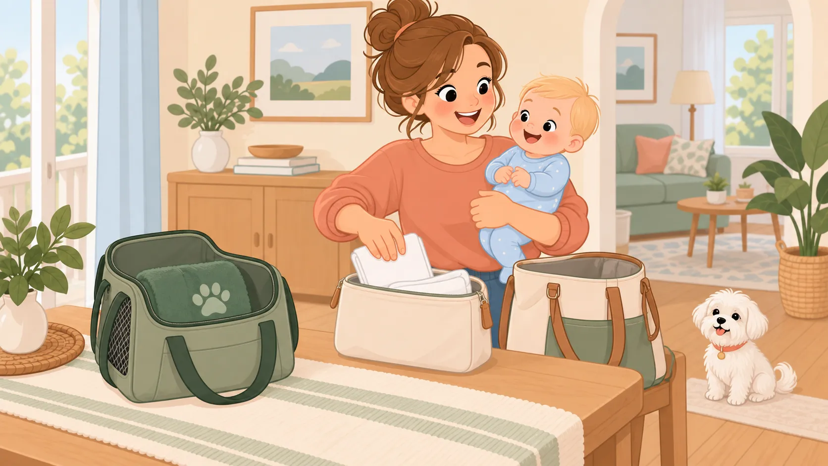 Illustration of an adult packing clean white burp cloths separately from a sage dog towel.