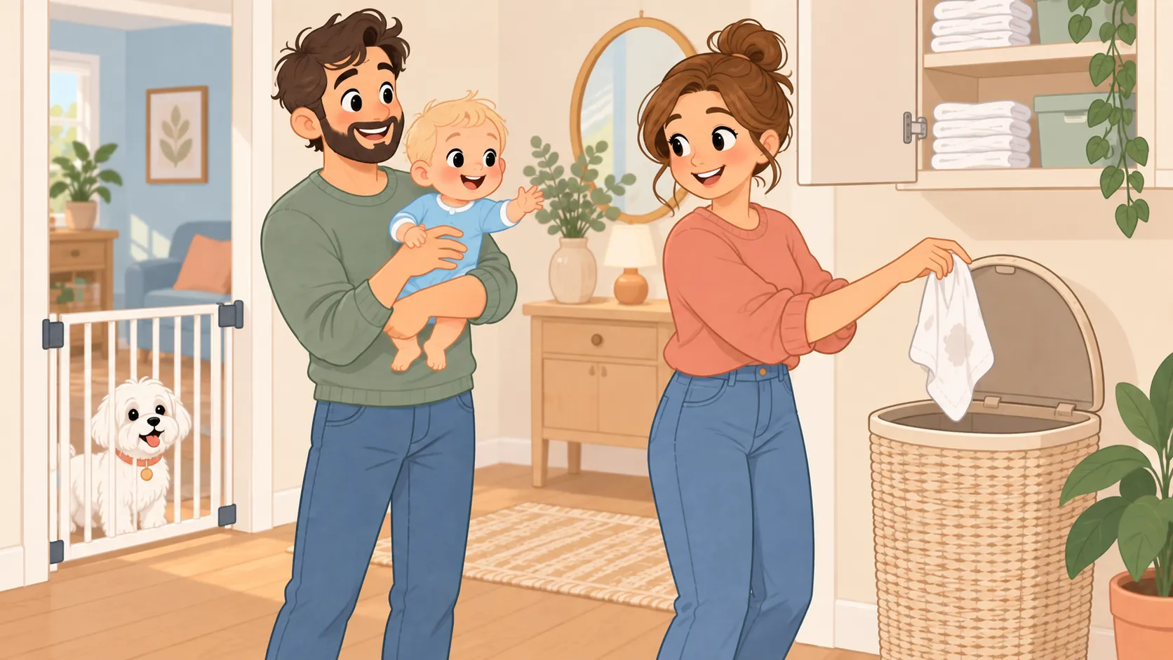 Illustration of adults holding an awake baby and moving a used shoulder cloth into a laundry basket.