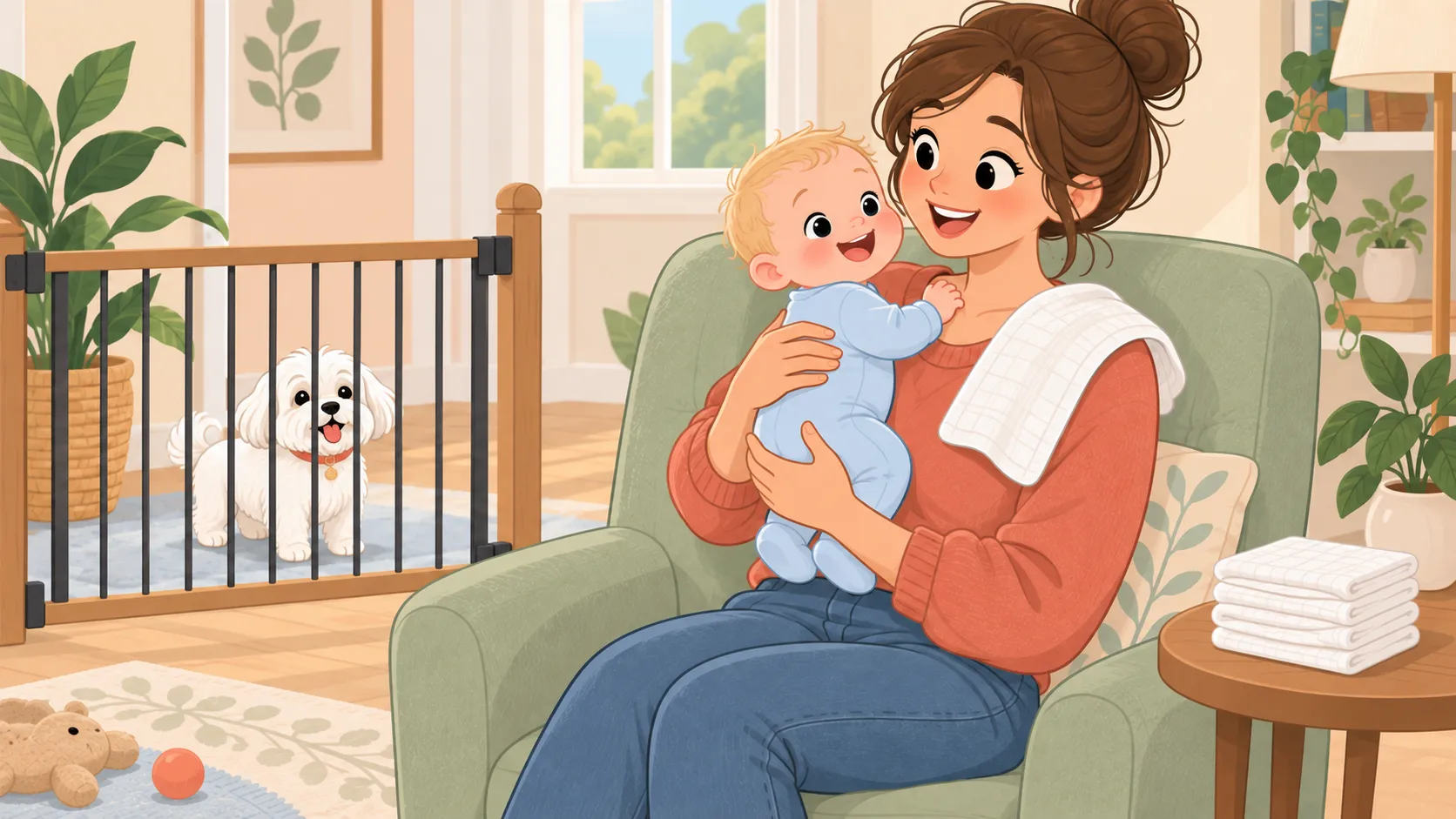Illustration of a parent holding an awake baby upright with a white burp cloth over the adult’s shoulder and a dog behind a gate.