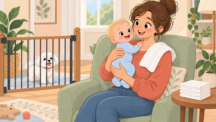 Illustration of a parent holding an awake baby upright with a white burp cloth over the adult’s shoulder and a dog behind a gate.
