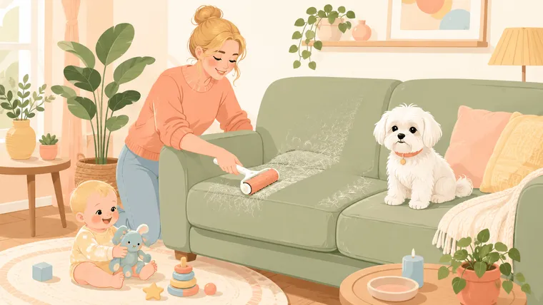 Illustration of a parent rolling a handheld pet hair remover across a sofa cushion, lifting a trail of white fur, while a Maltese sits innocently nearby