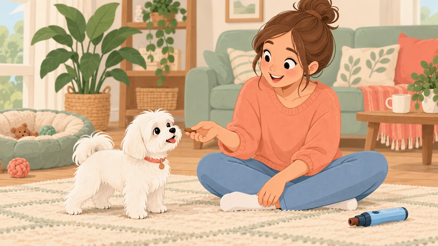 Illustration of a relaxed Maltese receiving a treat while a switched-off grinder rests away from its paws.