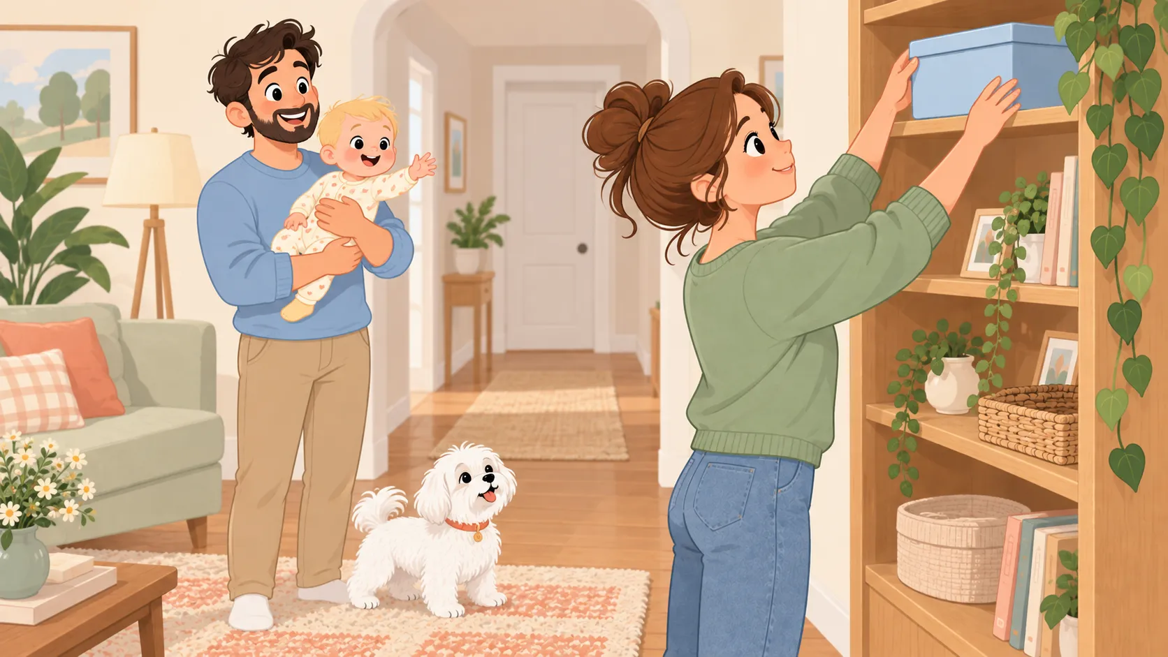 Illustration of an adult placing a closed grooming-supply box on a high shelf while another adult holds the baby.