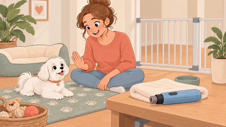 Illustration of a blue cordless pet nail grinder and a relaxed white dog at an adult grooming station.