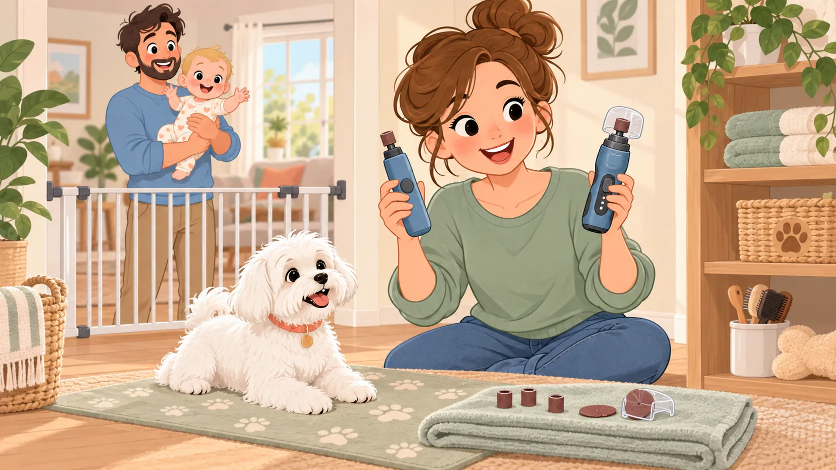Illustration of a parent comparing a simple blue nail grinder and a guarded variable-speed grinder beside a relaxed Maltese
