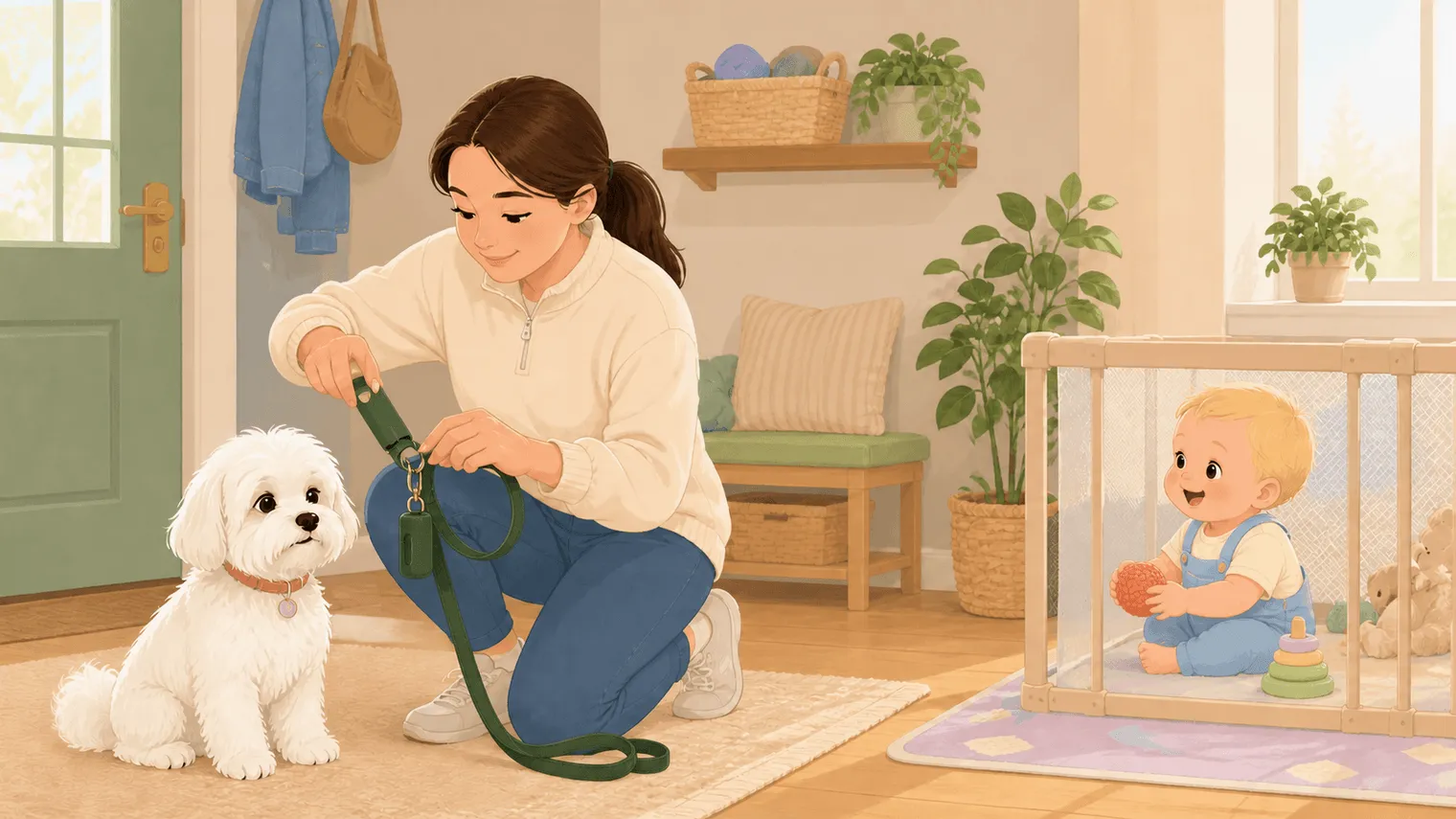 Parent loading a lavender refill roll into a leash dispenser while the baby remains safely in a playpen