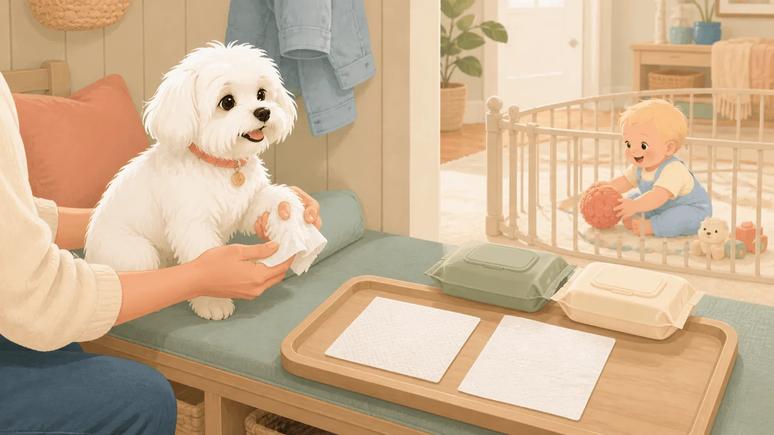 Illustration of an adult gently cleaning the same Maltese with two different unlabeled wipe sizes while the baby remains safely on a play mat