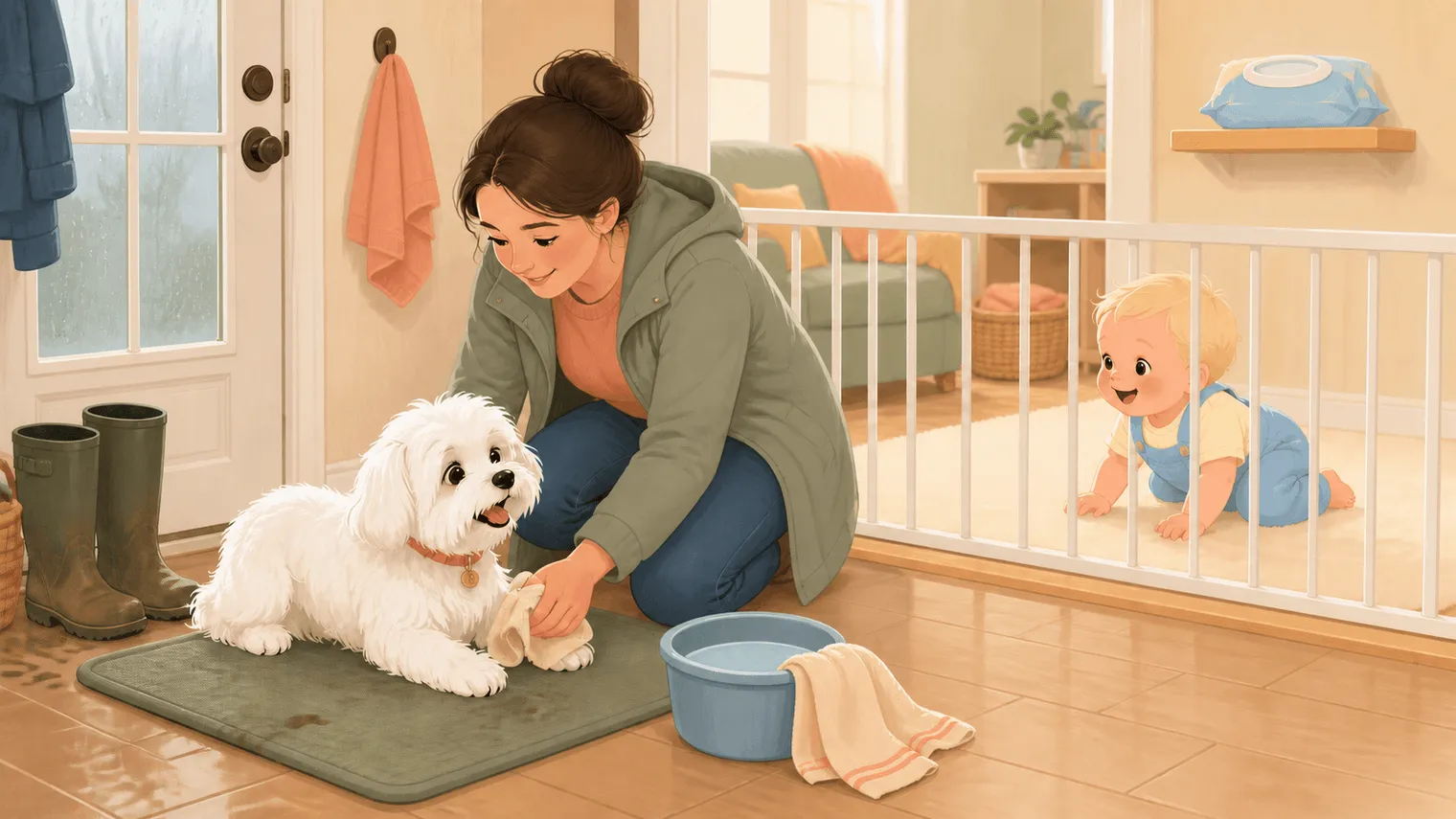 Illustration of the clean-entry routine with the Maltese waiting on a mat, the baby in a separate clean play area, and a paw-washing station ready for heavier mud