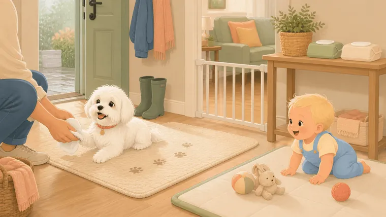 Warm illustration of a small white Maltese returning from a walk while a crawling baby watches from a clean play mat, with two unlabeled packs of dog wipes stored out of reach