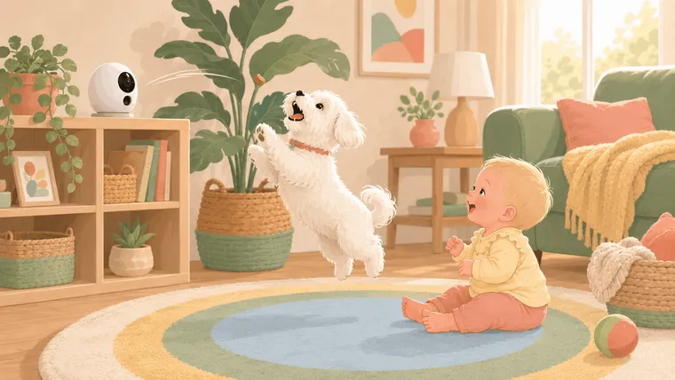 Illustration of a white Maltese dog leaping to catch a treat tossed from a pet camera on a bookshelf while a blonde baby watches from a play mat
