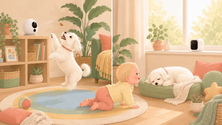 Split illustration comparing a treat-tossing pet camera with a small budget cube camera, with a white Maltese dog in both scenes and a baby crawling between them