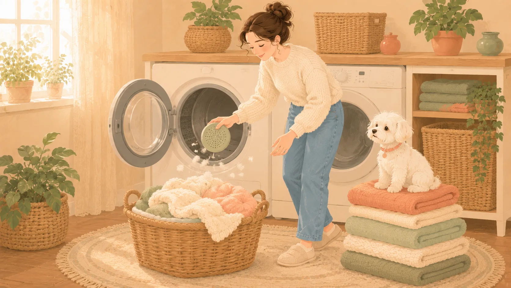 Illustration of a parent holding a small round disc over an open dryer with fur lifting off baby blankets while a Maltese sits on the folded laundry