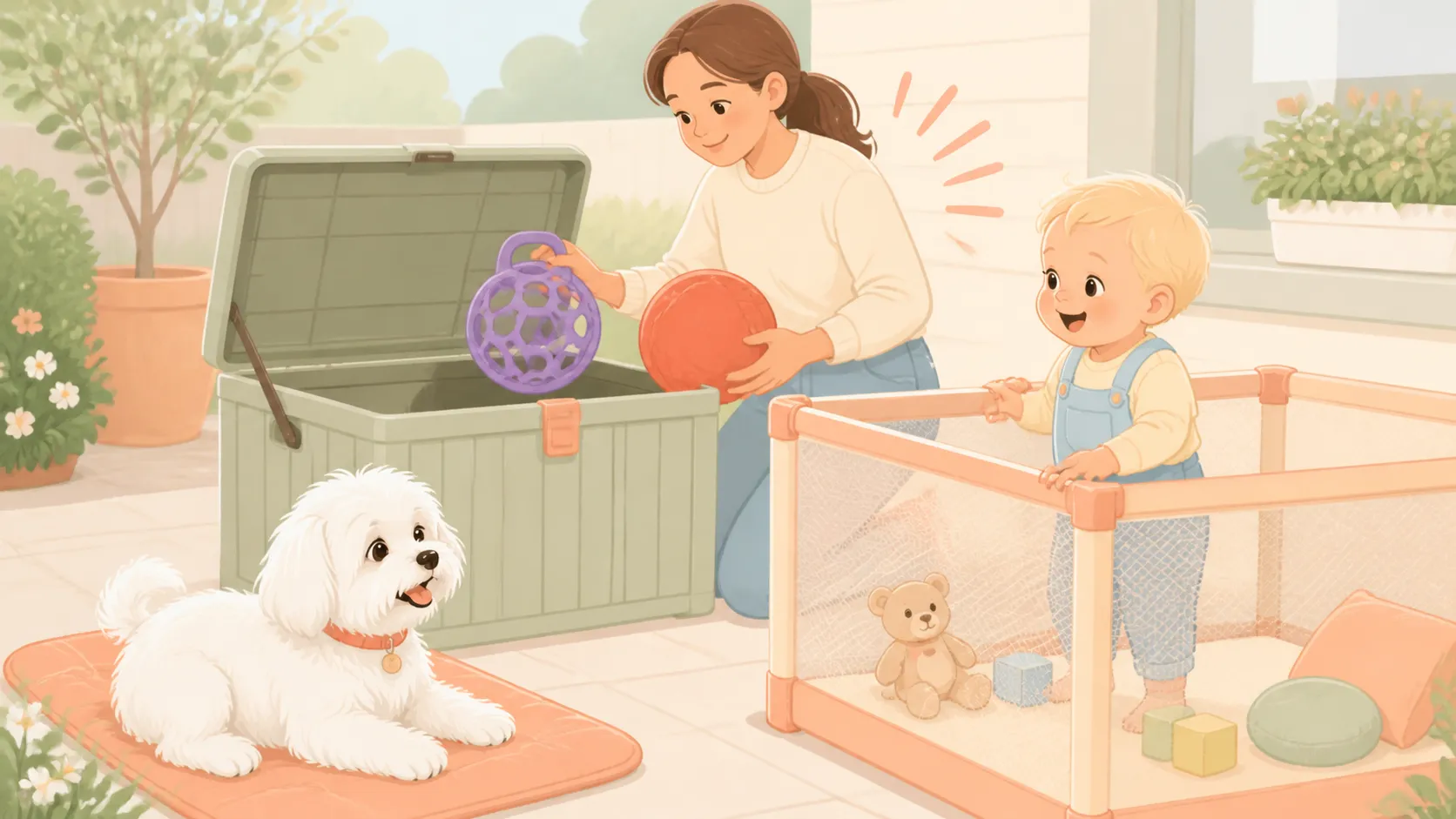 Illustration of both dog balls being placed in a latched outdoor bin after supervised play