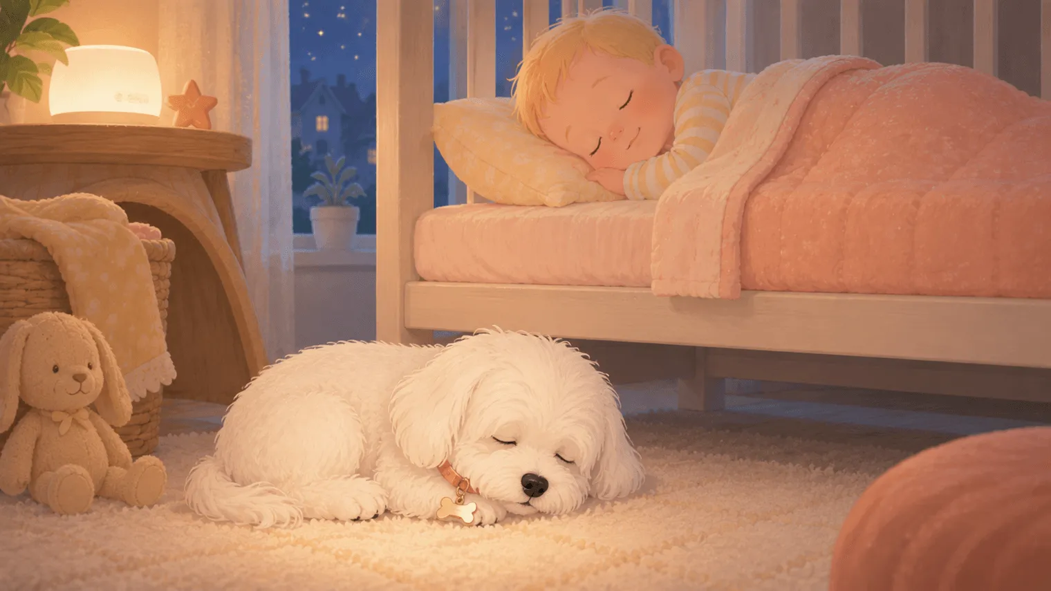 Illustration: the white Maltese wearing a shiny engraved bone-shaped tag with a small rubber silencer ring, sleeping quietly beside a baby crib