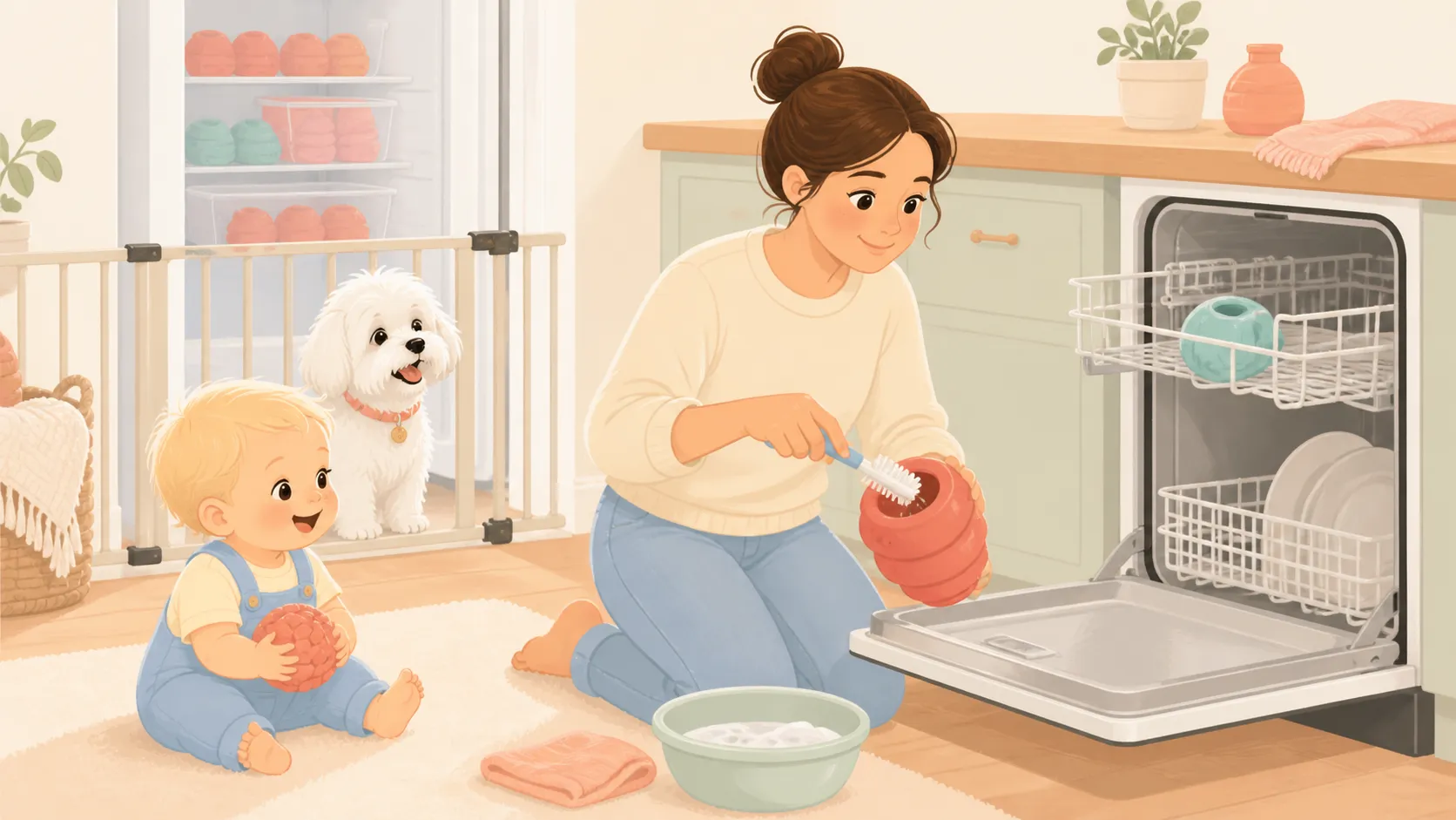 Illustration of the red toy being brush-cleaned and the aqua toy placed on a dishwasher rack