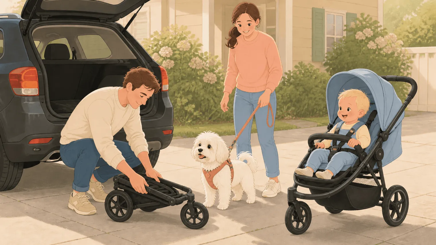 Adult folding a compact pet stroller beside a car while another adult controls the dog and baby stroller