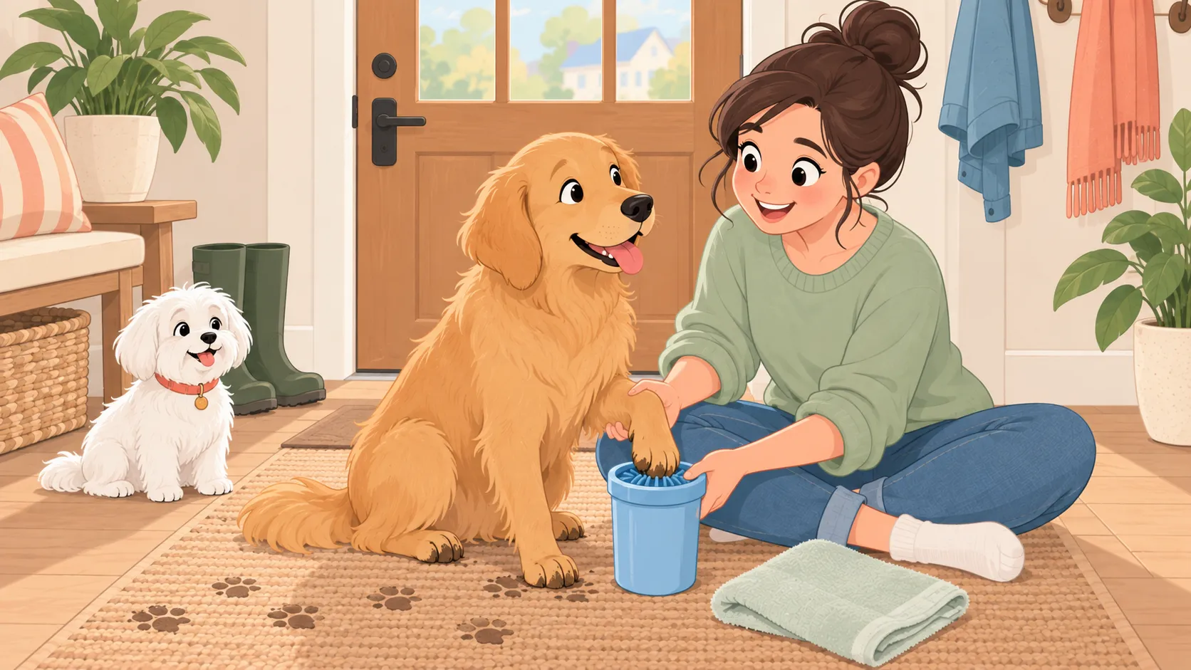 Illustration of an adult cleaning a dog’s paw with a blue cup and a separate drying towel.