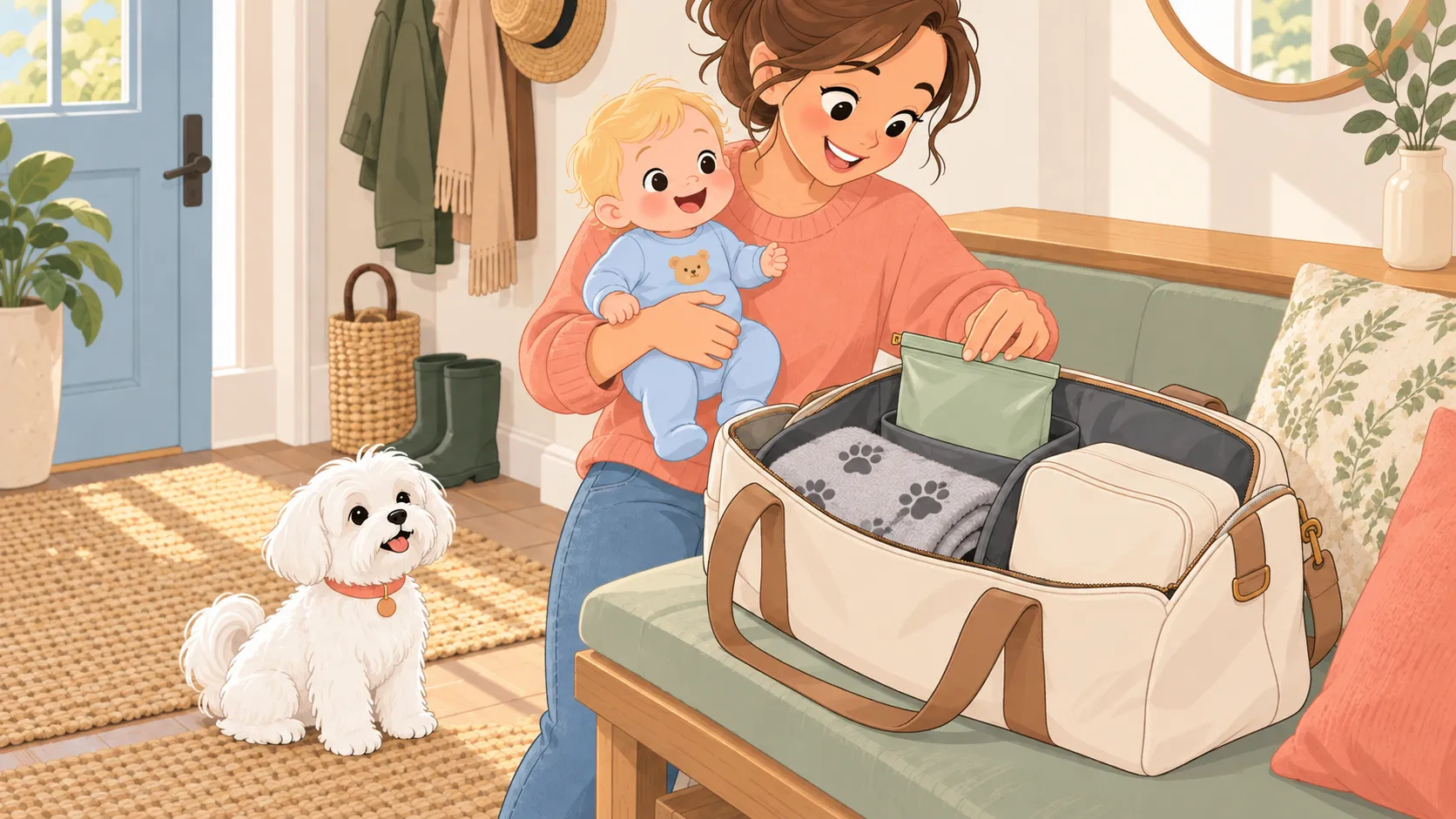 Illustration of a resealed pet-wipe pouch and dog towel stored separately from a clean baby-supply pouch.