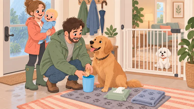 Illustration of an adult using a blue paw-cleaning cup beside a wipe pouch and towel, with another adult holding the baby.