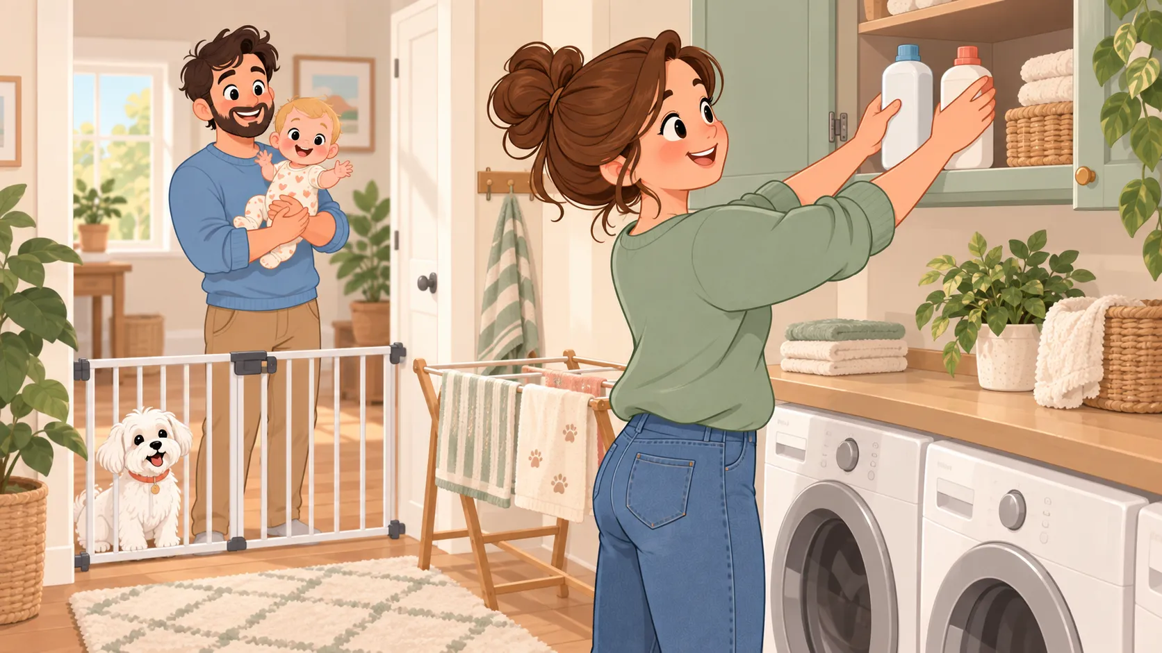 A parent stores both pet-cleaner bottles in a high cabinet while the baby and Maltese remain behind a gate