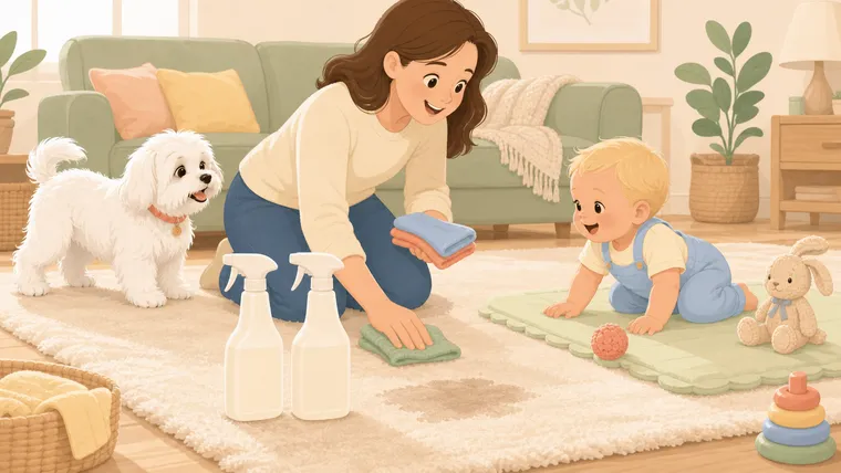 Warm illustration of a parent comparing two unlabeled pet stain-remover bottles while a Maltese and baby stay behind a safety gate