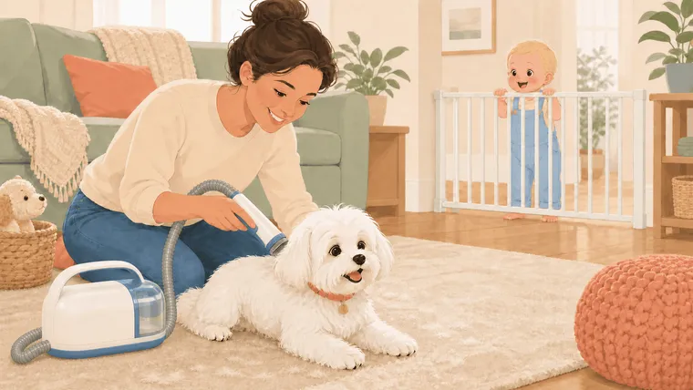 Parent grooming a white Maltese with a compact vacuum while a baby watches from behind a gate