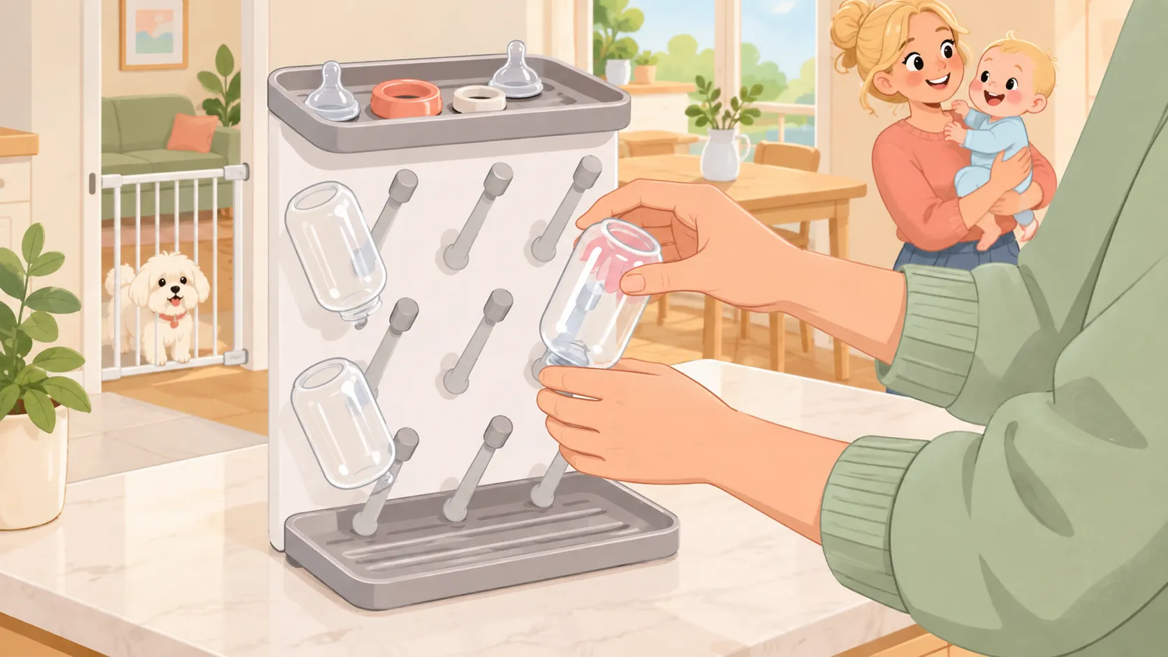 Illustration of an adult placing a clean bottle mouth-down on an angled peg with small parts separated.