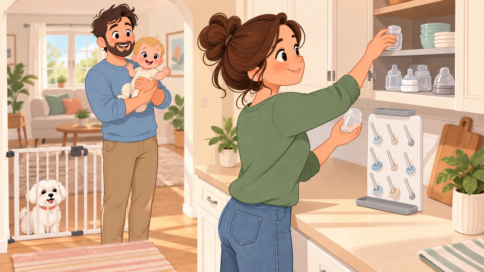 Illustration of dry bottle parts being moved from a vertical rack into a clean cupboard.