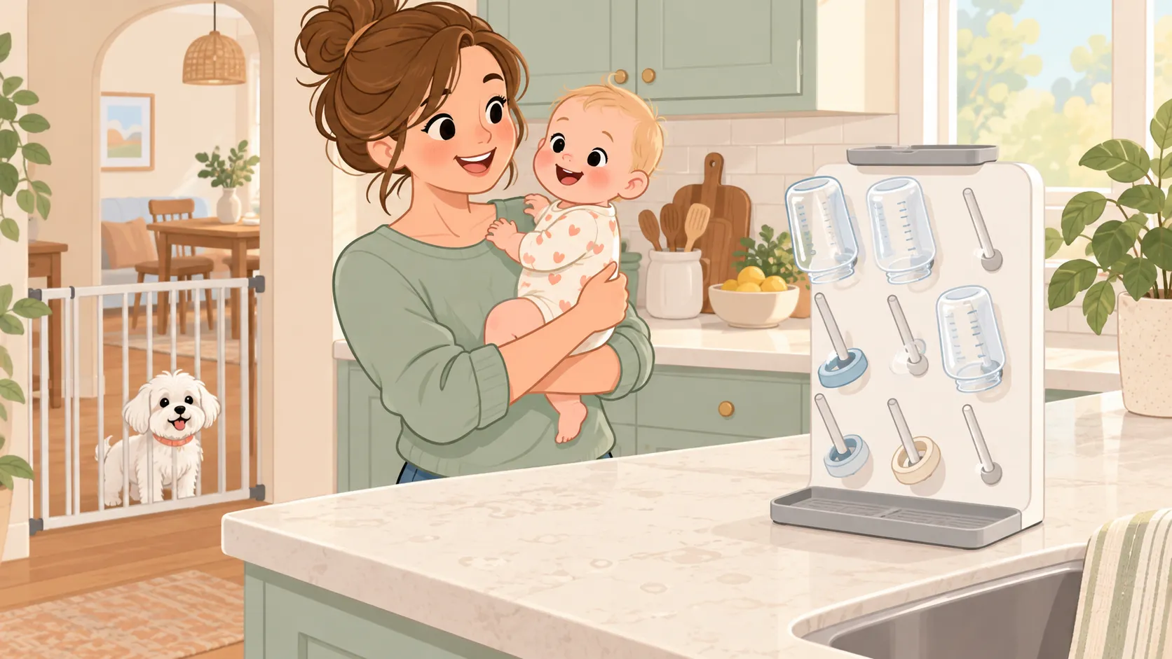 Illustration of a vertical bottle drying rack on a clean kitchen counter with a dog separated by a gate.