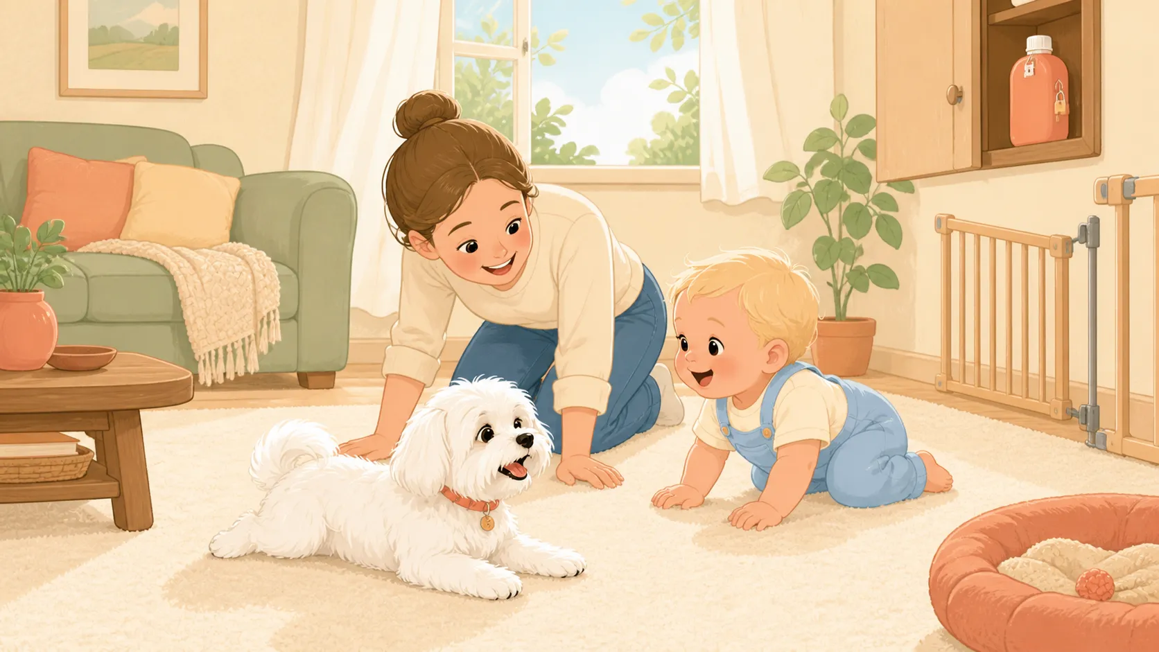 Illustration: a fully dry clean carpet with an open window and a removed baby gate, while a parent checks the floor and the white Maltese rests beside the crawling baby