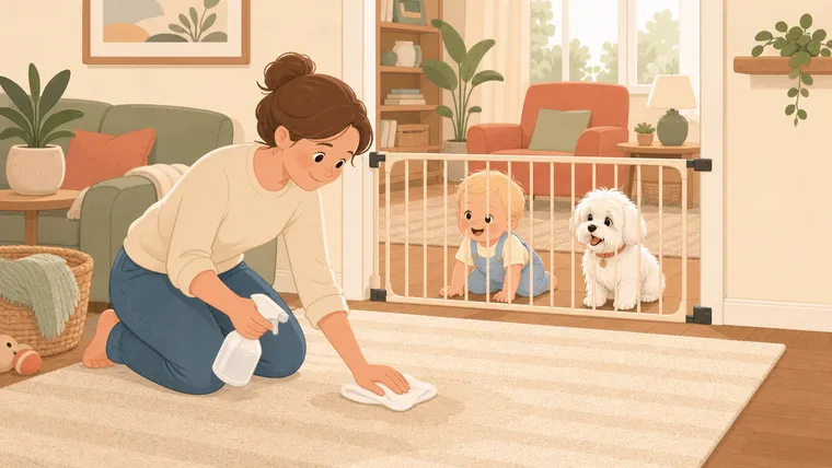 Editorial illustration of a parent treating an old dog urine spot on a rug while a white Maltese and crawling baby wait safely behind a baby gate