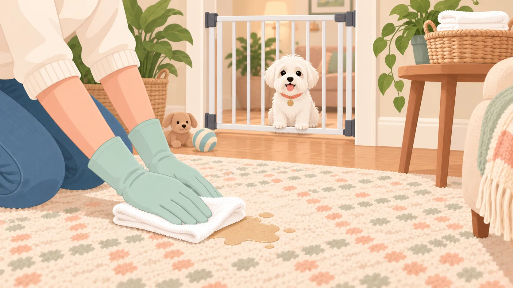 Illustration of gloved adult hands blotting a carpet spot while a dog waits beyond a closed gate.